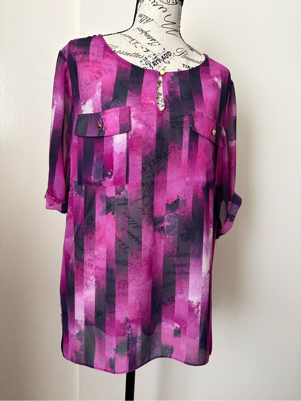 Ellen Tracy Pink & Purple Striped Printed Roll-Tab Tunic